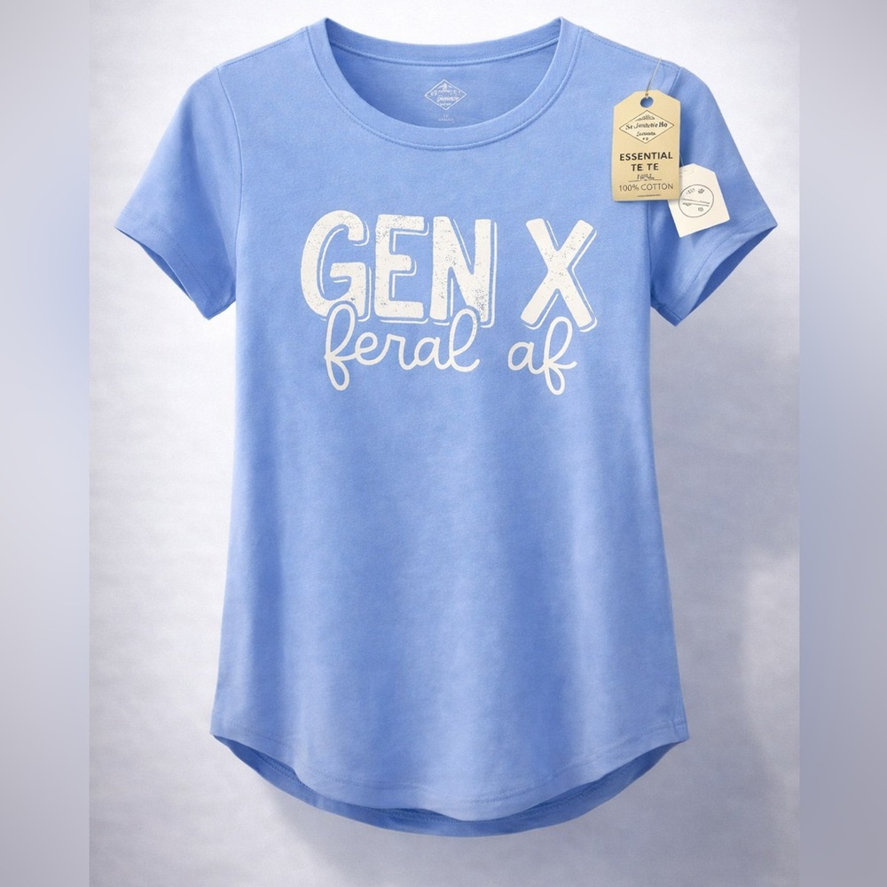 St. John’s Bay Gen X Feral AF Graphic Tee | NWT | Custom Screen Print | Blue | S